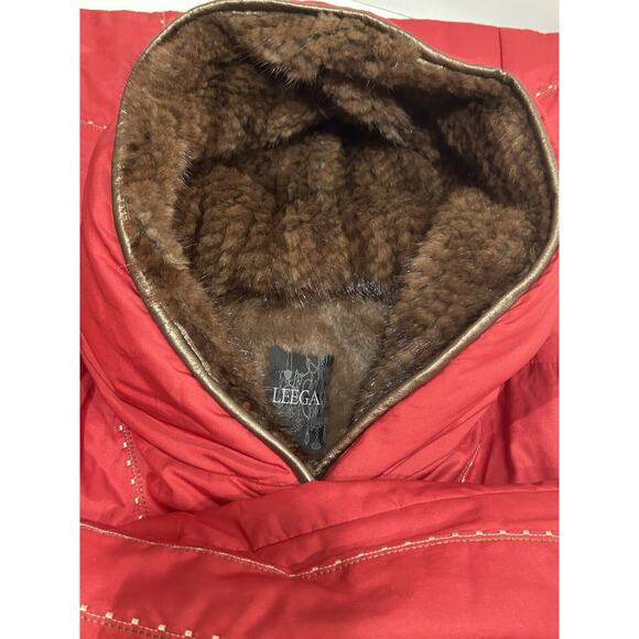 Leega Jacket Coat Red Embroiders Mink And Rabbit Fur Linen Medium Hooded - Picture 13 of 16